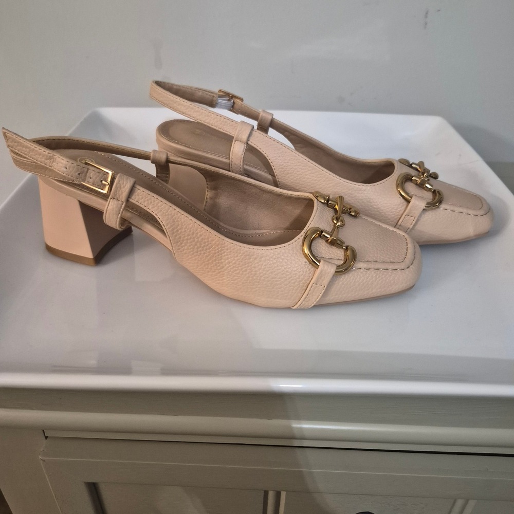 Newbella Womens Beige Horsebit Slingback Pumps Square Toe Block Heel